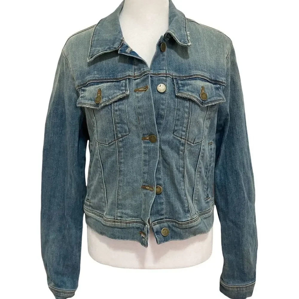 rare J Brand Harlow Cropped Denim Trucker Jacket size M Surface Blue Whiskered